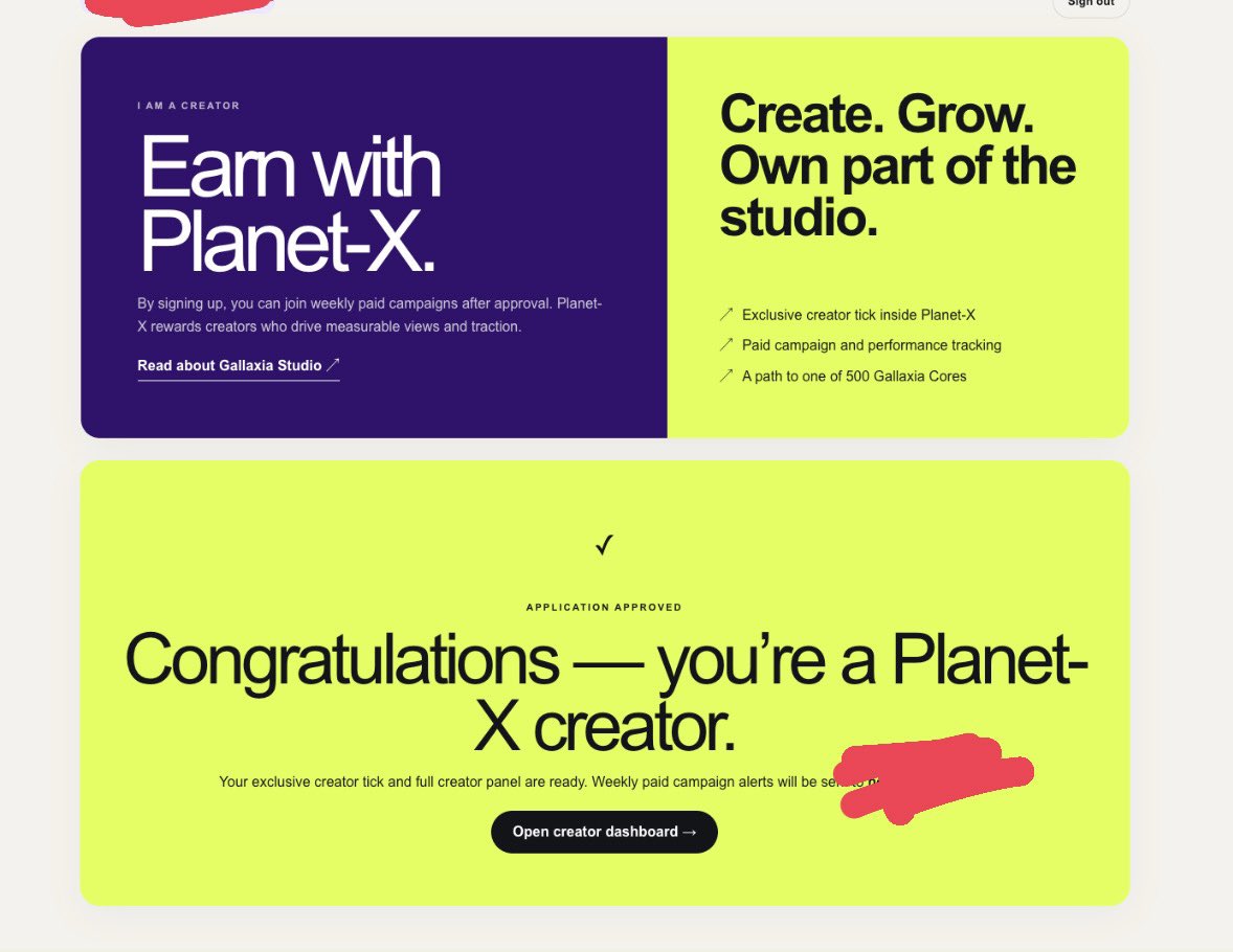 Planet-X Creator Program preview showing paid campaigns, performance tracking and an application-approved screen