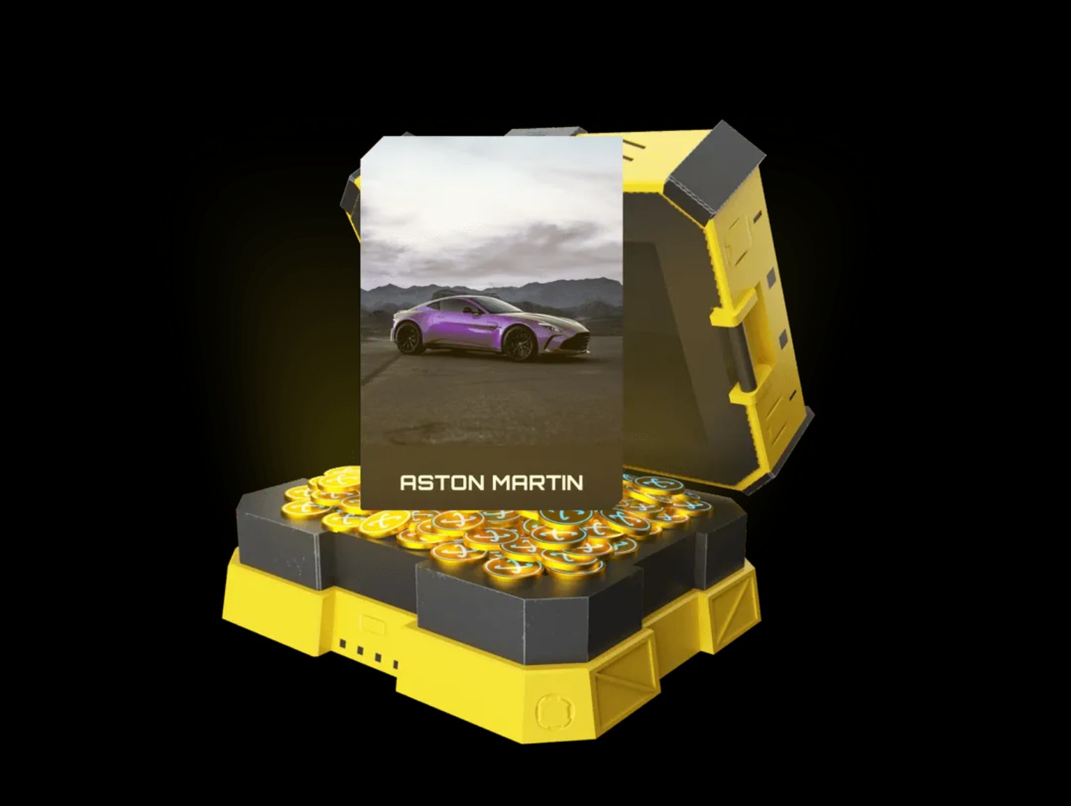 Promotional yellow treasure chest with an Aston Martin prize card