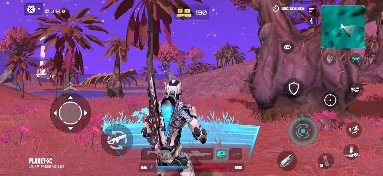 Planet-X mobile beta in a purple alien landscape