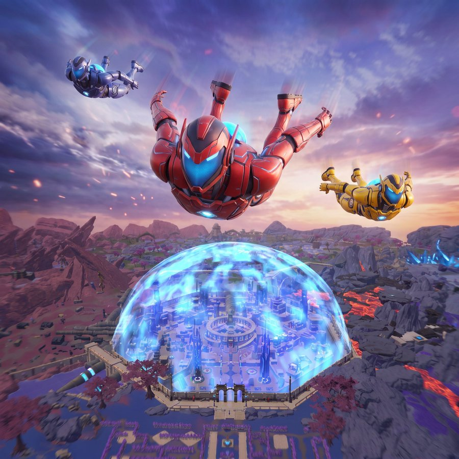 Three armored Planet-X characters flying above a futuristic city