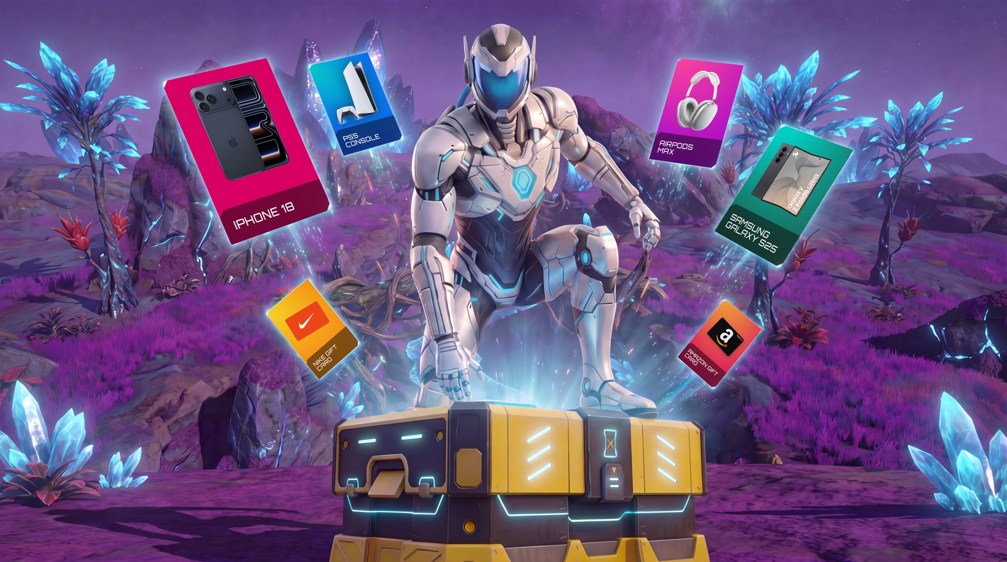 Planet-X promotional scene with a hunter, chest and reward graphics