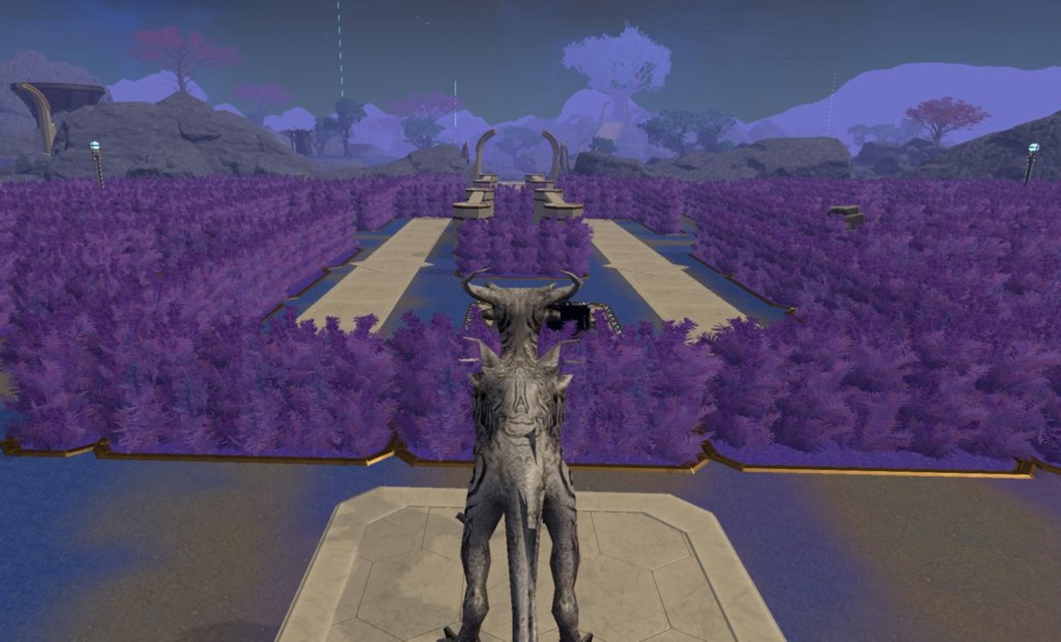 Royal Gardens Zone 2: purple planting beds divided by pale paths and blue channels, viewed past a horned sculpture