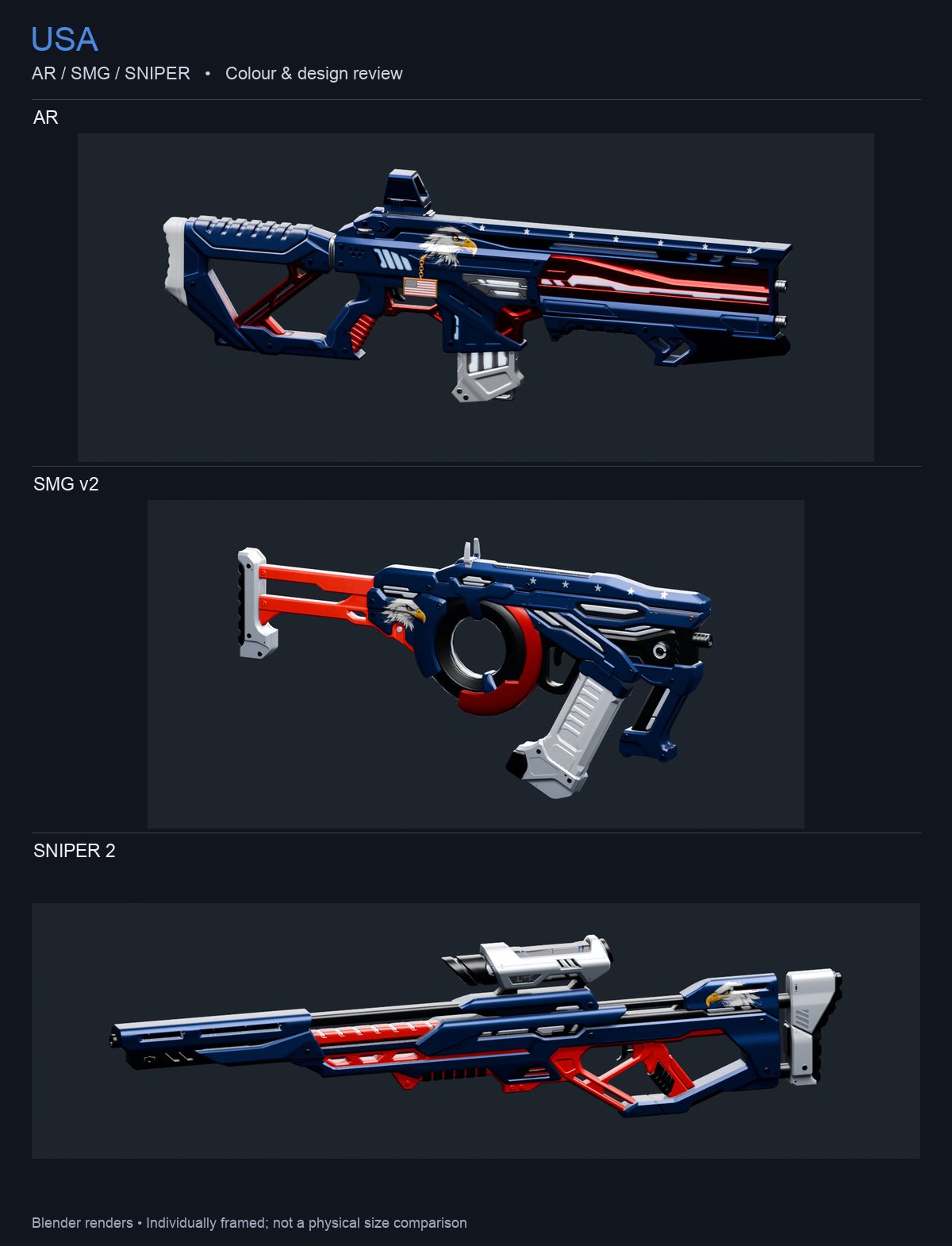 USA weapon colour study with navy, red, white, stars and eagle details