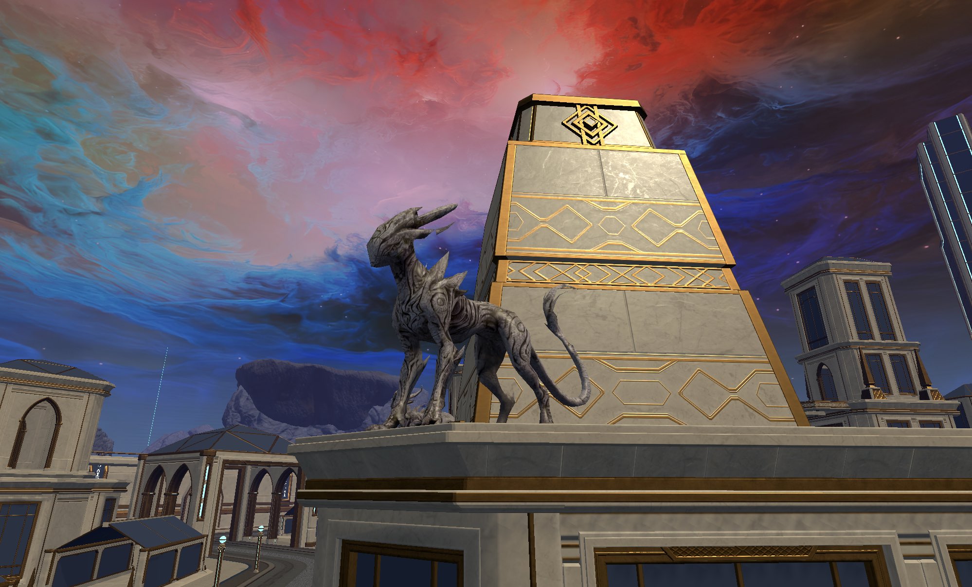 Planet-X gold-trimmed monument beside a horned sculpture