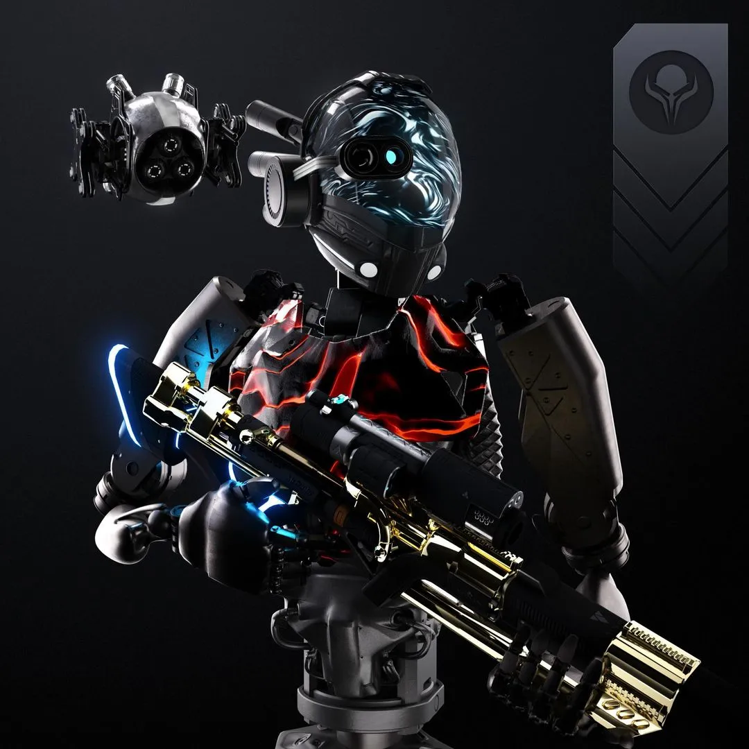 X-Droid with a floating mechanical companion and gold weapon