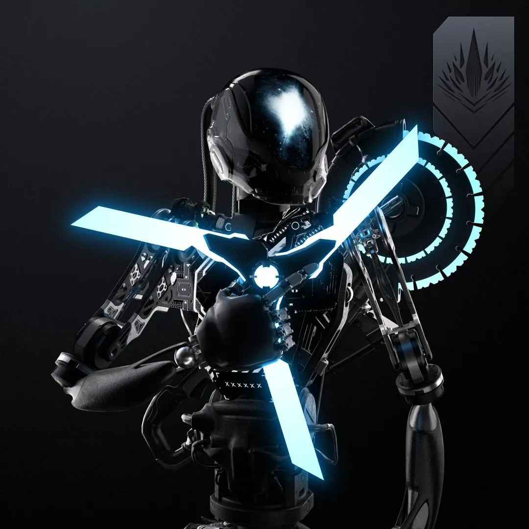 X-Droid portrait with cyan-lit equipment
