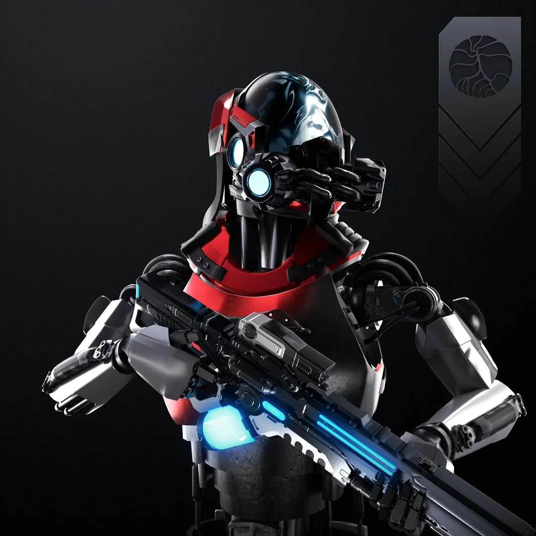 X-Droid with red neck armour, luminous face details and a blue-lit weapon