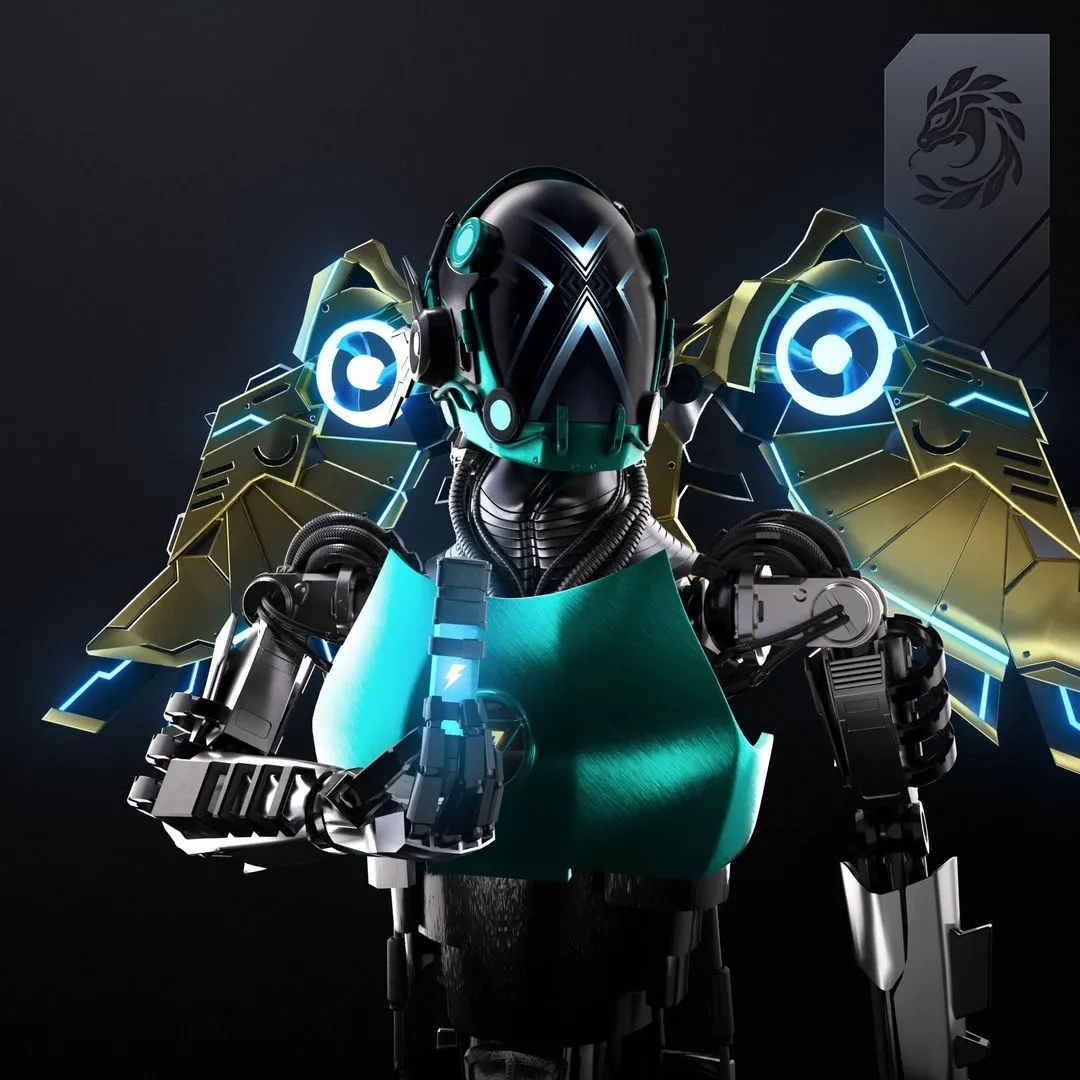 Teal-armoured X-Droid with luminous shoulder equipment